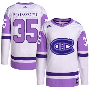Sam Montembeault Youth Adidas Montreal Canadiens Authentic White/Purple Hockey Fights Cancer Primegreen Jersey