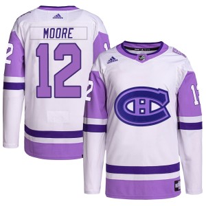 Dickie Moore Youth Adidas Montreal Canadiens Authentic White/Purple Hockey Fights Cancer Primegreen Jersey