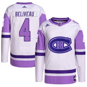 Jean Beliveau Men's Adidas Montreal Canadiens Authentic White/Purple Hockey Fights Cancer Primegreen Jersey