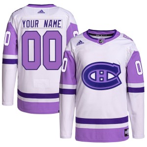 Custom Men's Adidas Montreal Canadiens Authentic White/Purple Custom Hockey Fights Cancer Primegreen Jersey