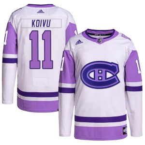 Saku Koivu Men's Adidas Montreal Canadiens Authentic White/Purple Hockey Fights Cancer Primegreen Jersey