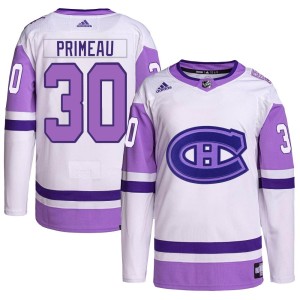 Cayden Primeau Men's Adidas Montreal Canadiens Authentic White/Purple Hockey Fights Cancer Primegreen Jersey