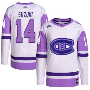 Nick Suzuki Men's Adidas Montreal Canadiens Authentic White/Purple Hockey Fights Cancer Primegreen Jersey