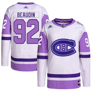 Nicolas Beaudin Youth Adidas Montreal Canadiens Authentic White/Purple Hockey Fights Cancer Primegreen Jersey