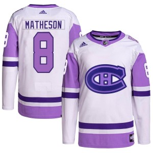 Mike Matheson Youth Adidas Montreal Canadiens Authentic White/Purple Hockey Fights Cancer Primegreen Jersey