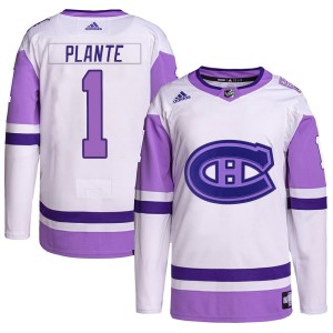 Jacques Plante Youth Adidas Montreal Canadiens Authentic White/Purple Hockey Fights Cancer Primegreen Jersey