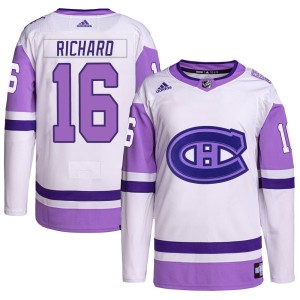 Henri Richard Youth Adidas Montreal Canadiens Authentic White/Purple Hockey Fights Cancer Primegreen Jersey
