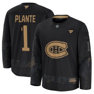 Jacques Plante Men's Fanatics Montreal Canadiens Premium Black 2024 Military Appreciation Practice Jersey