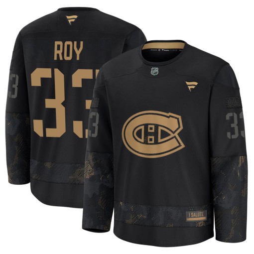Patrick Roy Men's Fanatics Montreal Canadiens Premium Black 2024 Military Appreciation Practice Jersey