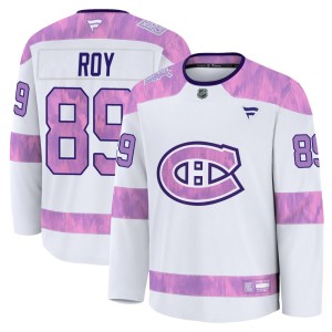 Joshua Roy Men's Fanatics Montreal Canadiens Premium White 2024 Hockey Fights Cancer Practice Jersey