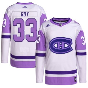 Patrick Roy Men's Adidas Montreal Canadiens Authentic White/Purple Hockey Fights Cancer Primegreen Jersey
