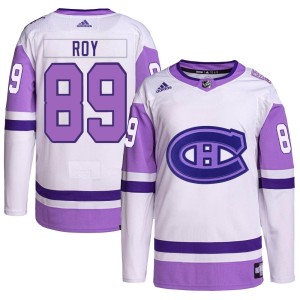 Joshua Roy Men's Adidas Montreal Canadiens Authentic White/Purple Hockey Fights Cancer Primegreen Jersey
