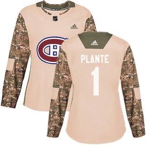 Jacques Plante Women's Adidas Montreal Canadiens Authentic Camo Veterans Day Practice Jersey