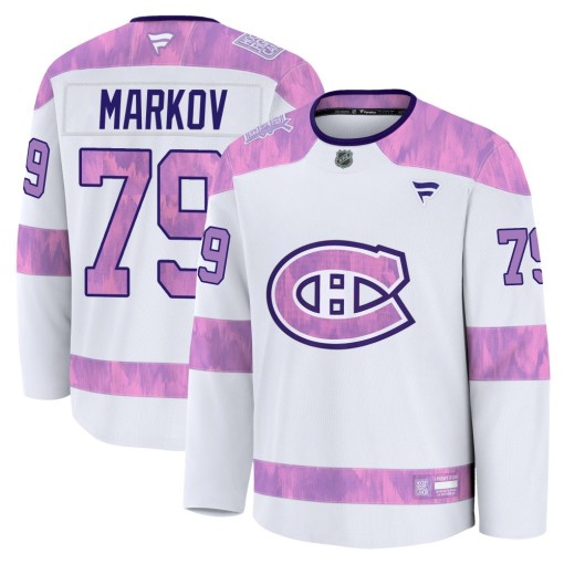 Andrei Markov Youth Fanatics Montreal Canadiens Premium White 2024 Hockey Fights Cancer Practice Jersey