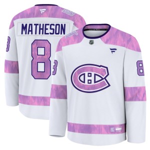 Mike Matheson Youth Fanatics Montreal Canadiens Premium White 2024 Hockey Fights Cancer Practice Jersey